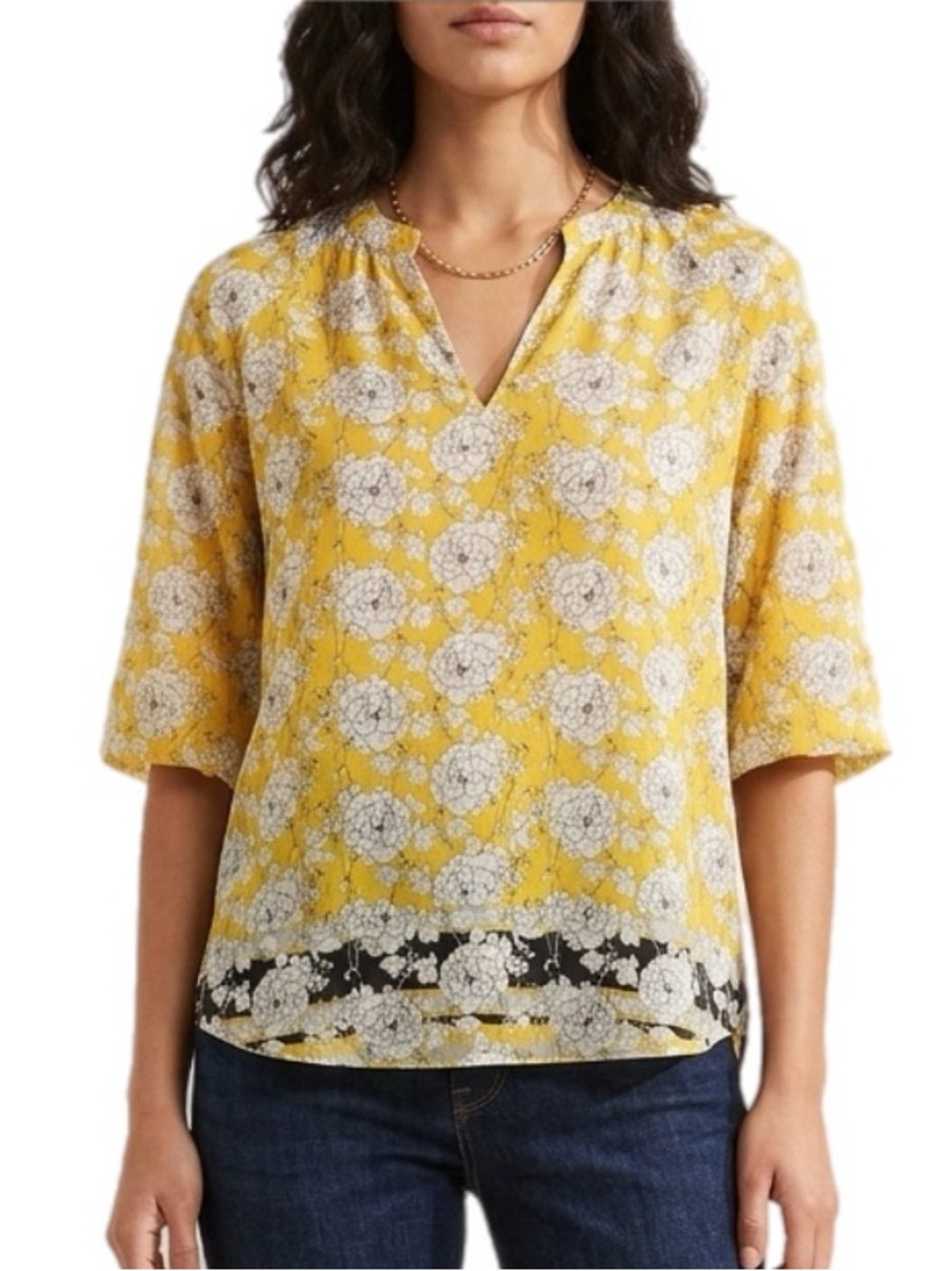 CAbi | White &Yellow Floral Hi Lo Hem Sheer Blouse Boho